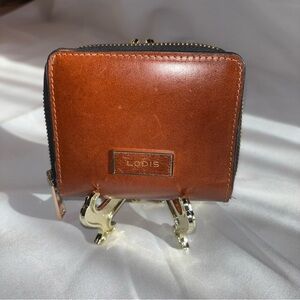 Lodis Tan Leather Bi-Fold Compact Zip Around Wallet